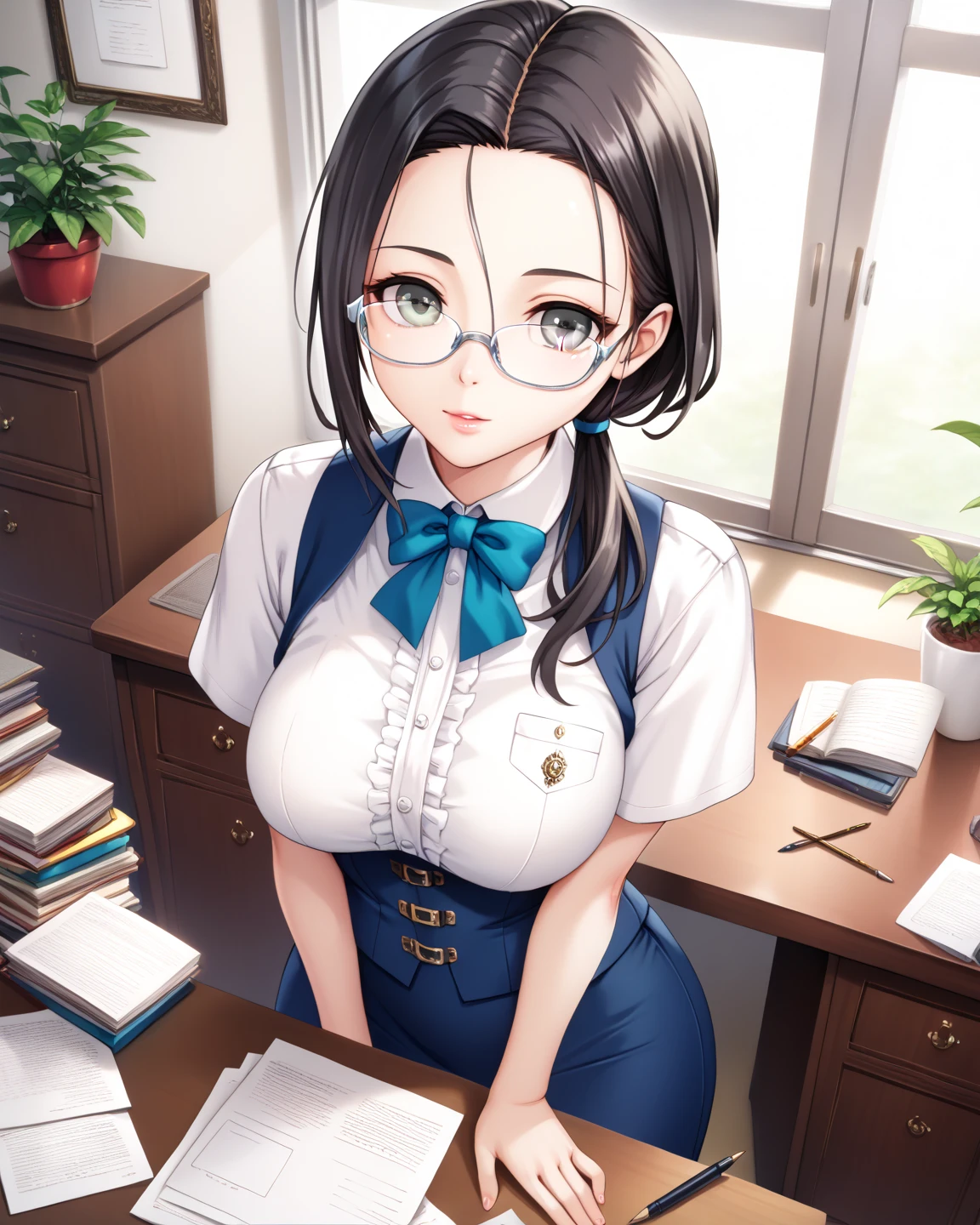  Masterpiece, 1 Guild Receptionist ,　pen:1.5 ,((Guild Receptionist Uniform:1.4)), Corset Vest ,,Silver glasses,Height: 165cm, beautiful body line ,Big Breasts,((Woman with dark hair and low ponytail on her shoulders :1.4)), gray eyes,A woman with a beautiful and kind face,Facing the desk and doing paperwork,View from above at an angle,