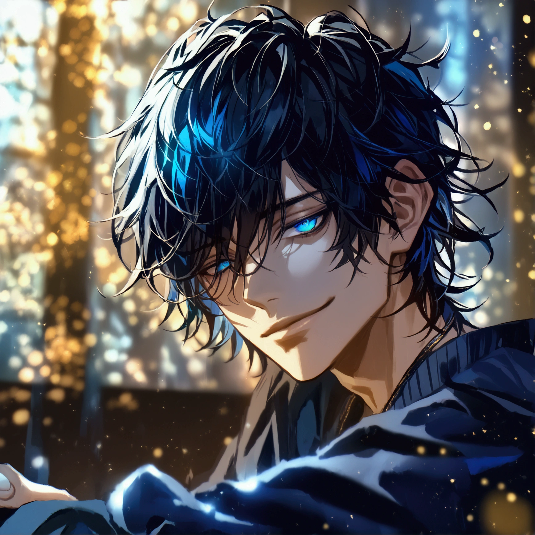 (solo), (1 male), (1 man), (chibi),handsome men, (one man with black hair with White blue inner hair color, blue eyes), long hair, messy hair,smile,((masterpiece)), (dark background: 1.3), (stylish), dynamic angle, (detailed face, detailed eyes, proportional hands, proportional anatomy), sitting in a relaxed pose, sinister atmosphere,young