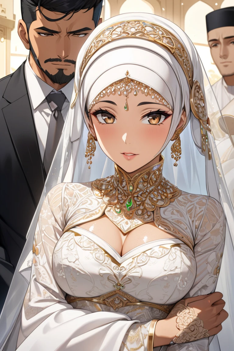 masterpiece, high quality, 4K, HDR,, A earnest, well-mannered Japanese boy, now a busty Muslim woman donning a hijab, marries a bearded, middle-aged Arab man. They reside in a high-rise apartment overlooking the pyramids.