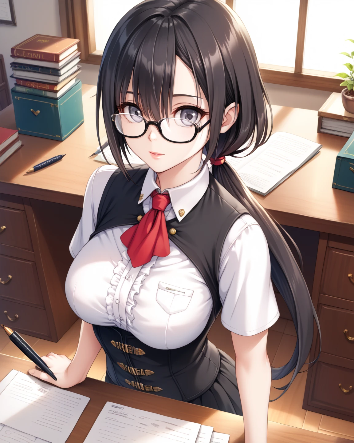  Masterpiece, 1 Guild Receptionist ,　pen:1.5 ,((Guild Receptionist Uniform:1.4)), Corset Vest ,, rimless glasses ,Height: 165cm, beautiful body line ,Big Breasts,((Woman with dark hair and low ponytail on her shoulders :1.4)), gray eyes,A woman with a beautiful and kind face,Facing the desk and doing paperwork,View from above at an angle,