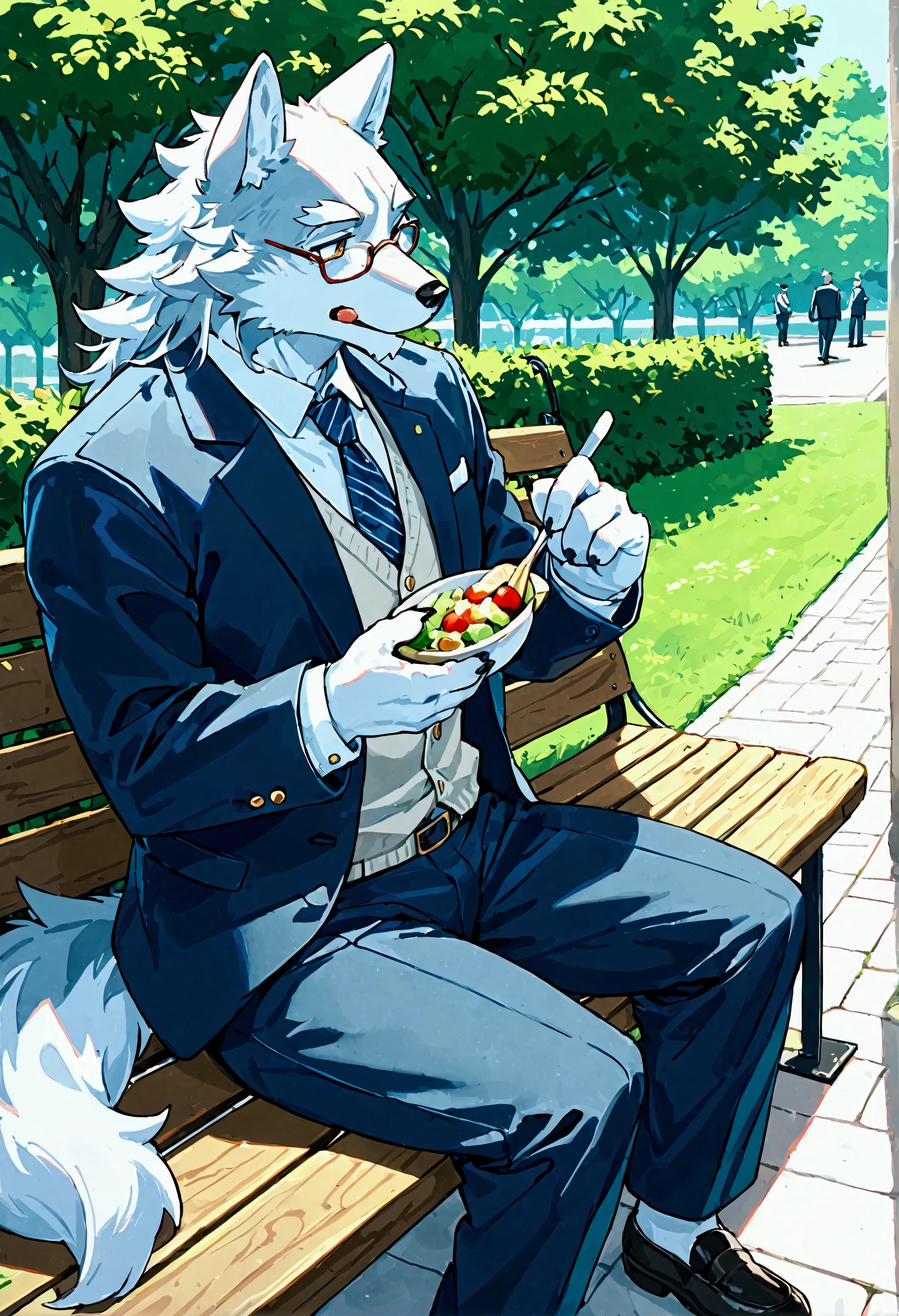 1boy\((wolf:1.4),(kemono),(furry),old,bald hair, suit, businessman,  glasses, eating lunch. at the bench, in a park, solitude\).The park is a nice day and ren are playing. . score_9, score_8_up, score_7_up, score_6_up, score_5_up, score_4_up, source_anime,source_furry,rating_safe,rating_questionable,masterpiece, best quality, perfect anatomy , very aesthetic , absurdres,