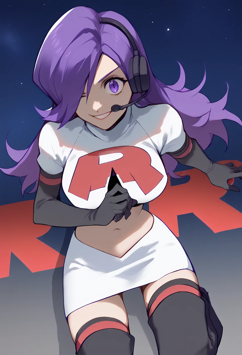 Team rocket, team rocket uniform, red letter R, white skirt,white crop top,black thigh-high boots, black elbow gloves, evil smile, night sky background, headset, large breasts, high-heeled boots, Shez, purple hair, hair over one eye