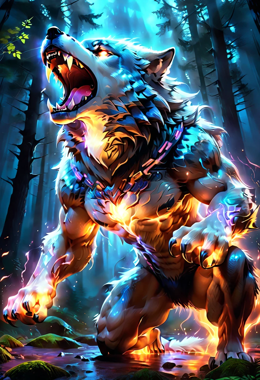 Realism style,Dynamic Lighting,Glow Effect,Chiaroscuro,best quality,dramatic transformation scene,half-wolf half-human,upper body\(cool man,well-defined muscles,sharp and intense facial features,entirely glowing eyes,wide open mouth,teeth bared,\),lower body\(wolf,furry and muscular legs,large wolf paws,bipedal stance\),body emitting an ethereal glow, holographic,BREAK,powerful aura,distorted and trembling background,vivid light rays radiating from the werewolf,illuminated dark forest,swirling mist, neoncore,shattered ground,nighttime setting,epic and overwhelming atmosphere,reij-snrs