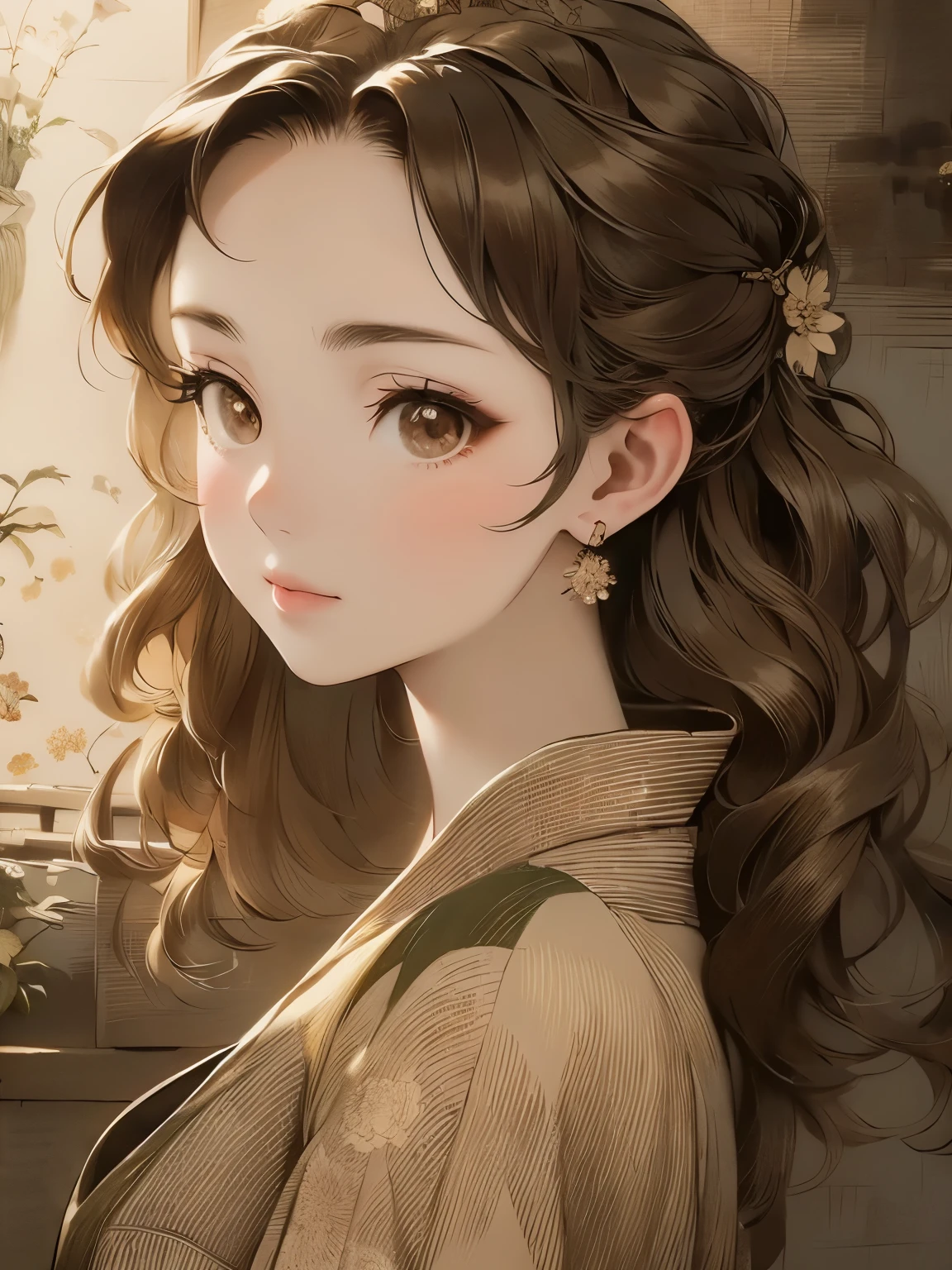 Exquisite Japanese kimono, nature inspired patterns, sepia tones, traditional Japanese art, delicate fabrics, flowing kimono, graceful poses, high quality, ultra detailed, masterpiece, photorealistic, 8k, dramatic lighting, beautiful design