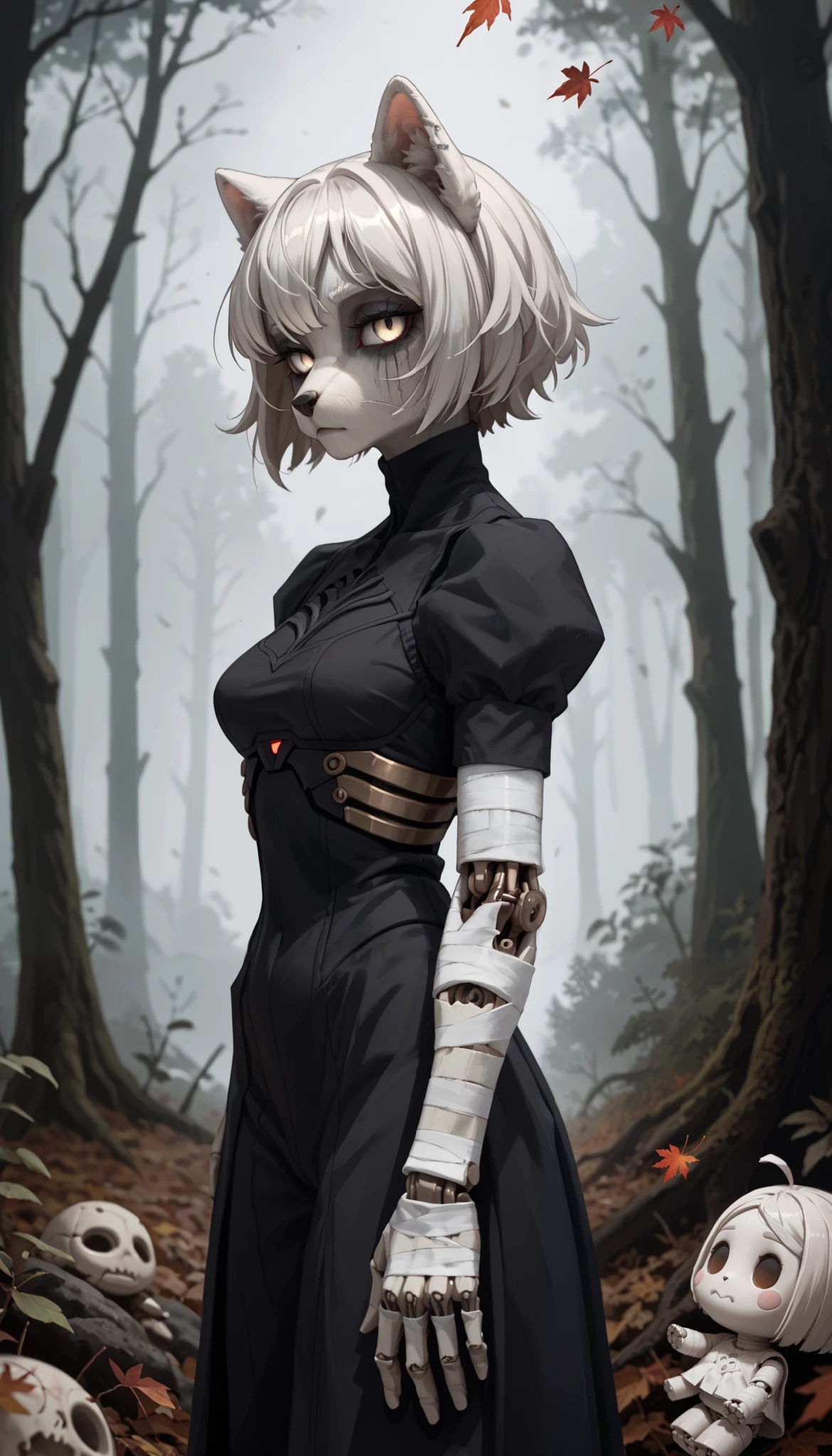 (zPDXL2), (PonyXLV6_Scores), source_anime, source_anthro, source_furry, Expressiveh, full body portrait shot, BREAK
Inhata4564, 
1girl, ball joints doll, white hair, (bandaged) , looking at viewer, expressionless, forest, trees, fallen leaves, dark skies, grey sky, desaturated, muted palette, expressionless