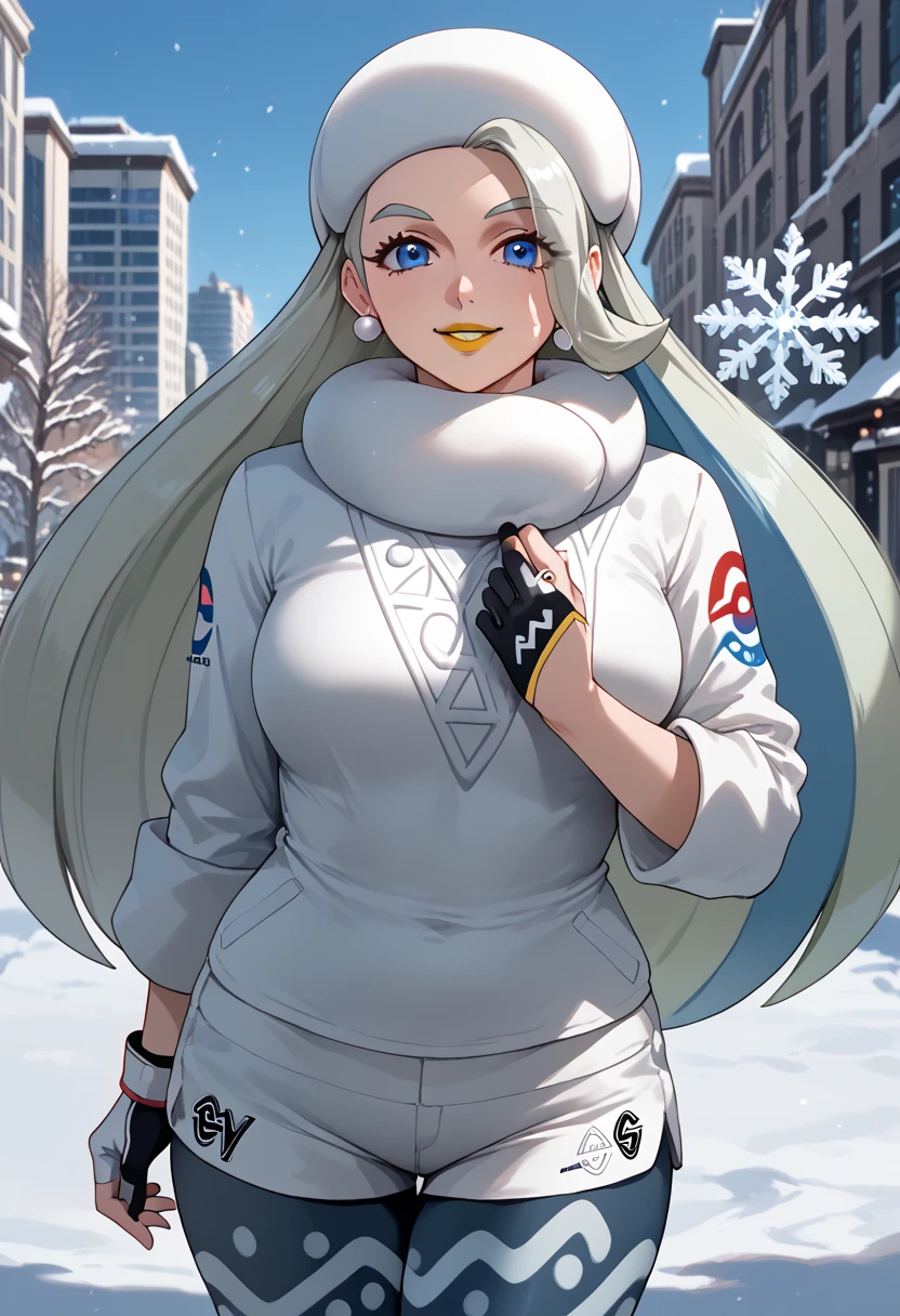 pokemonmelony, pokemonmelony, blue eyes, eyelashes, long hair, multicolored hair, highlighted hair, gray hair, (big boobs:1.2), smile,
BREAK earrings, gloves, hat, jewelry, long sleeves, tights, tights under shorts, scarf, shorts, single glove, snowflakes, sweater, white hat, white scarf, white sweater,
BREAK outdoors, city, snow,
BREAK looking at viewer, (cowboy photo:1.5),
BREAK (beautiful eyes), perfect lighting, yellow lipstick