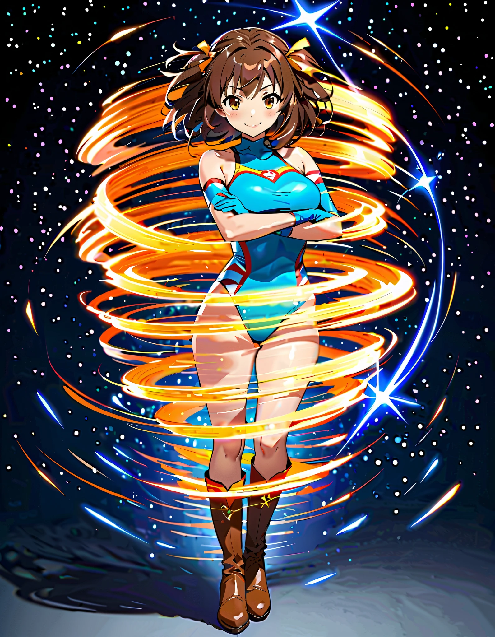 (masterpiece), best quality, high res, 8k, haruhi suzumiya, short hair, brown hair, brown eyes, medium hair, ribbon, hair ribbon, leotard, bare legs, ankle boots, gloves, superhero, (full body, standing straight, full body shot, cowboy shot, superhero, (perfect anatomy). crossed arms, (spinning), (she spins) fast in place like a (tornado), spinning in place, tornado spinning, rapid gyration, (dynamic spin pose), space backdrop, motion blur, speed lines around her, spiral lines around her, tornado, time warp, (spinning energy pulse around her), light particles, motion blur.