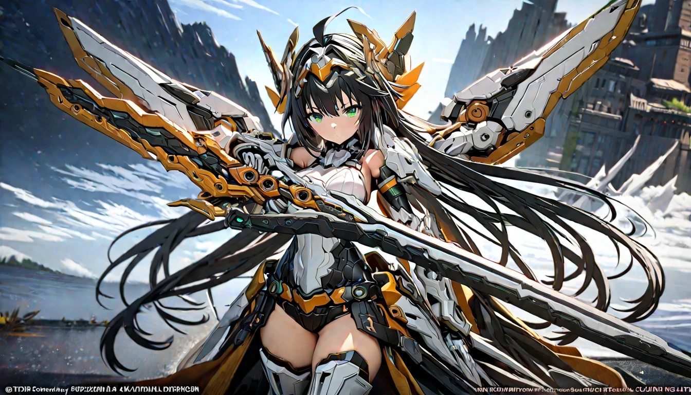 girl masterpiece, best quality, high resolution, best detailed, HDR, 4k, 8k, black hair, very long hair, detailed face, beautiful shape, green eyes, white full armor, mechanical gloves, mechanical long boots, mechanical wings, holding katana sword,