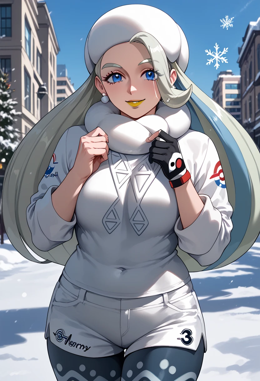 pokemonmelony, pokemonmelony, blue eyes, eyelashes, long hair, multicolored hair, highlighted hair, gray hair, (big boobs:1.2), smile,
BREAK earrings, gloves, hat, jewelry, long sleeves, tights, tights under shorts, scarf, shorts, single glove, snowflakes, sweater, white hat, white scarf, white sweater,
BREAK outdoors, city, snow,
BREAK looking at viewer, (cowboy photo:1.5),
BREAK (beautiful eyes), perfect lighting, yellow lipstick