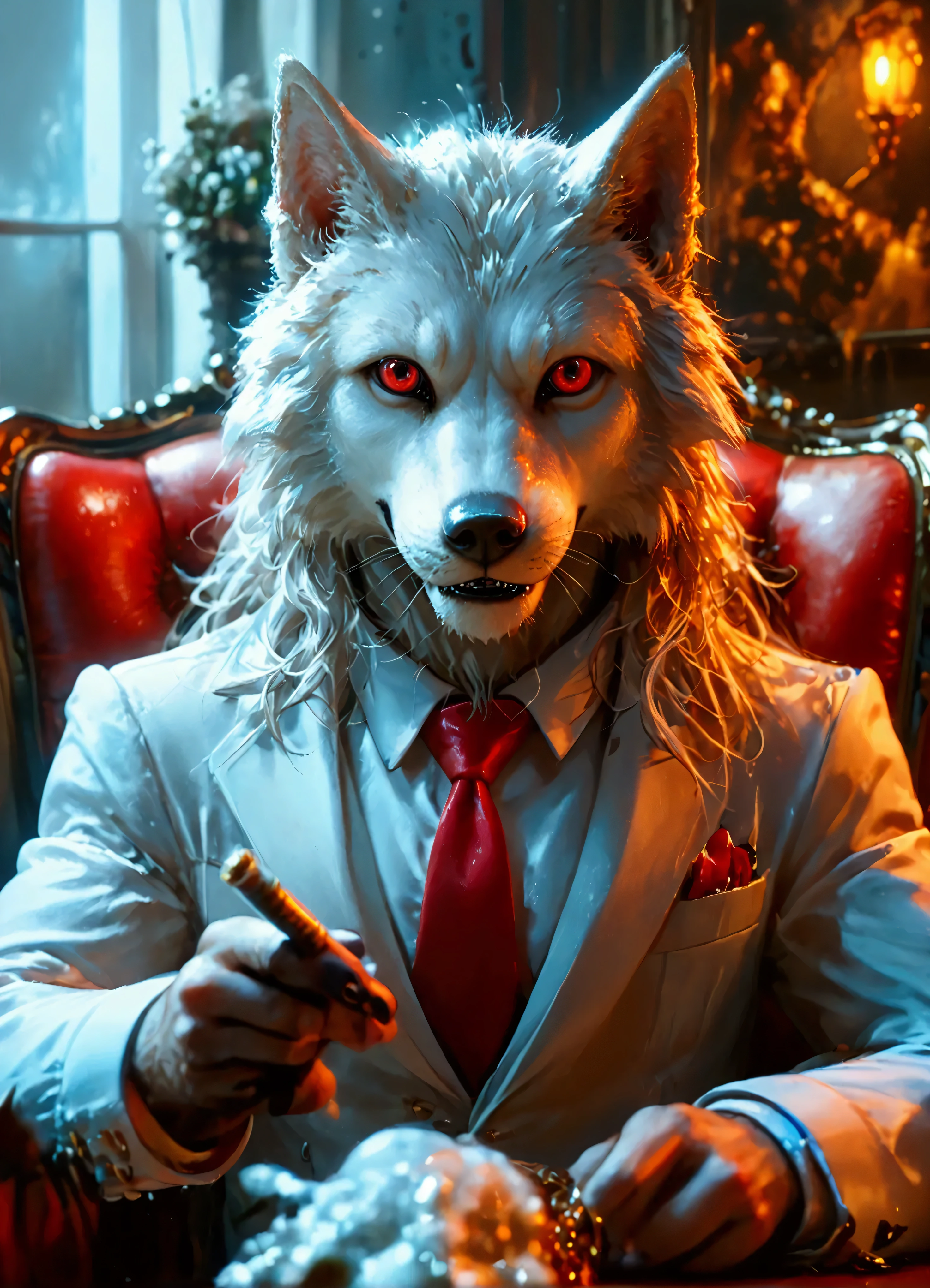 (8k, top quality, Masterpiece , Final Fantasy Style: 1.2), , Atmospheric perspective, 8K, Very detailed, Accurate, Highest quality, masterpiece, Very detailed, Sharp focus, High resolution,very spooky, (upper body close up:1.2), Werewolf, red eyes, funny and happy promoter, wears a tight white business suit, red tie, in the luxury office, holding a cigar in hand To the camera, Very detailed, Digital Painting, Art Station, Concept Art, Smooth, Sharp focus, figure, ArtJam, Greg Rutkowski, Art by Alphonse Mucha, 8K, Volumetric Fog, bloom, light, lumen, Crank blur