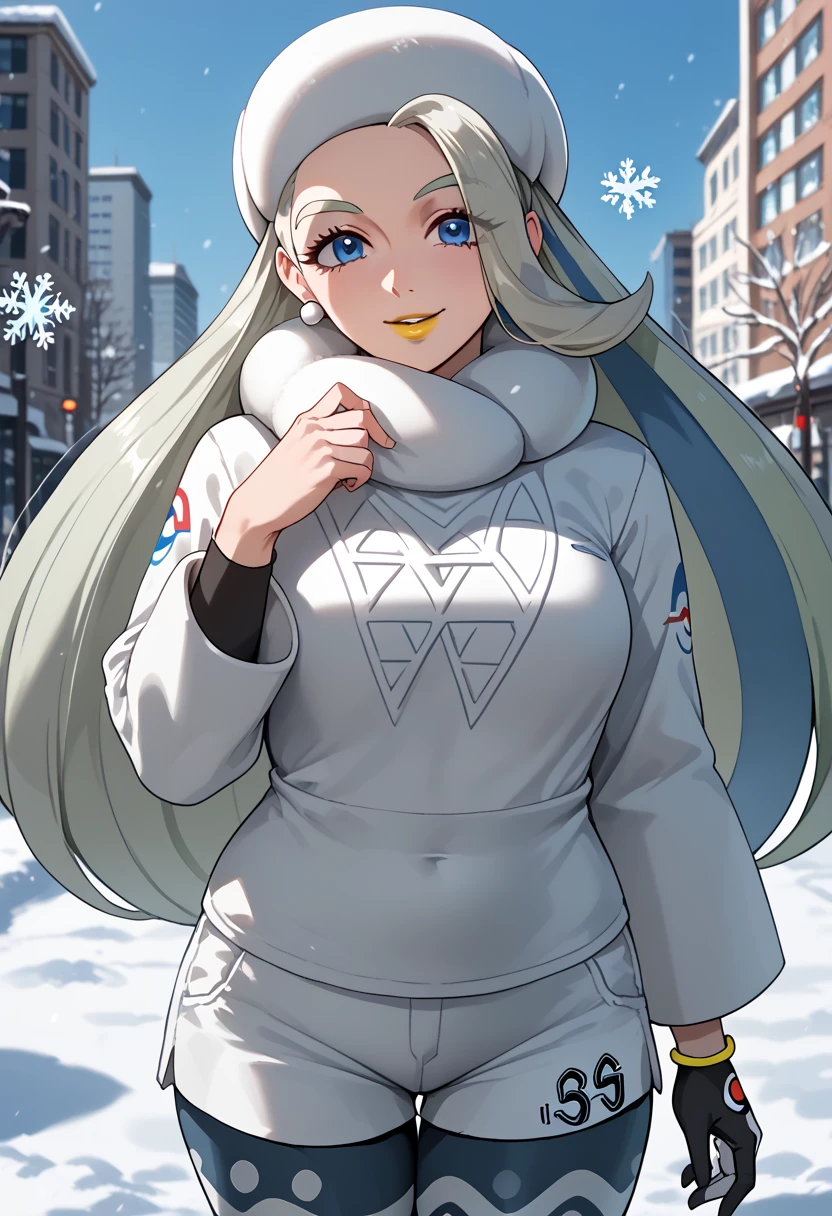 pokemonmelony, pokemonmelony, blue eyes, eyelashes, long hair, multicolored hair, highlighted hair, gray hair, (big boobs:1.2), smile,
BREAK earrings, gloves, hat, jewelry, long sleeves, tights, tights under shorts, scarf, shorts, single glove, snowflakes, sweater, white hat, white scarf, white sweater,
BREAK outdoors, city, snow,
BREAK looking at viewer, (cowboy photo:1.5),
BREAK (beautiful eyes), perfect lighting, yellow lipstick