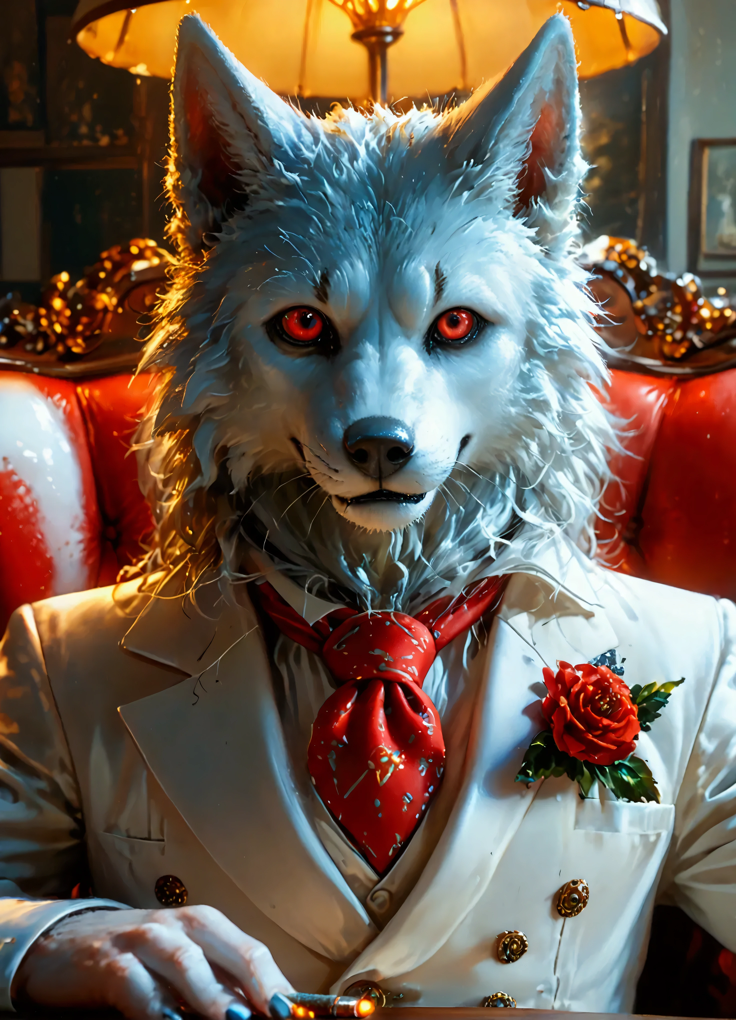 (8k, top quality, Masterpiece , Final Fantasy Style: 1.2), , Atmospheric perspective, 8K, Very detailed, Accurate, Highest quality, masterpiece, Very detailed, Sharp focus, High resolution,very spooky, (upper body close up:1.2), Werewolf, red eyes, funny and happy promoter, wears a tight white business suit, red tie, in the luxury office, holding a cigar in hand To the camera, Very detailed, Digital Painting, Art Station, Concept Art, Smooth, Sharp focus, figure, ArtJam, Greg Rutkowski, Art by Alphonse Mucha, 8K, Volumetric Fog, bloom, light, lumen, Crank blur