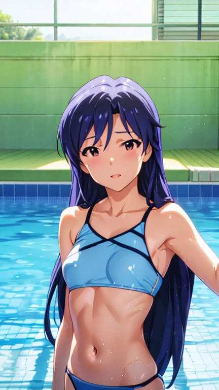  top quality、 high definition 、  high definition 、 high definition 、Indoor swimming pool、 pool side、(Kisaragi Chihaya、 long hair、,  flat chested、 glossy lips 、 glowing skin that will turn your eyes off、 Realistic Skin Textures 、Shiny swimwear)、 is staring at me、Love me、、 open your mouth and laugh)、