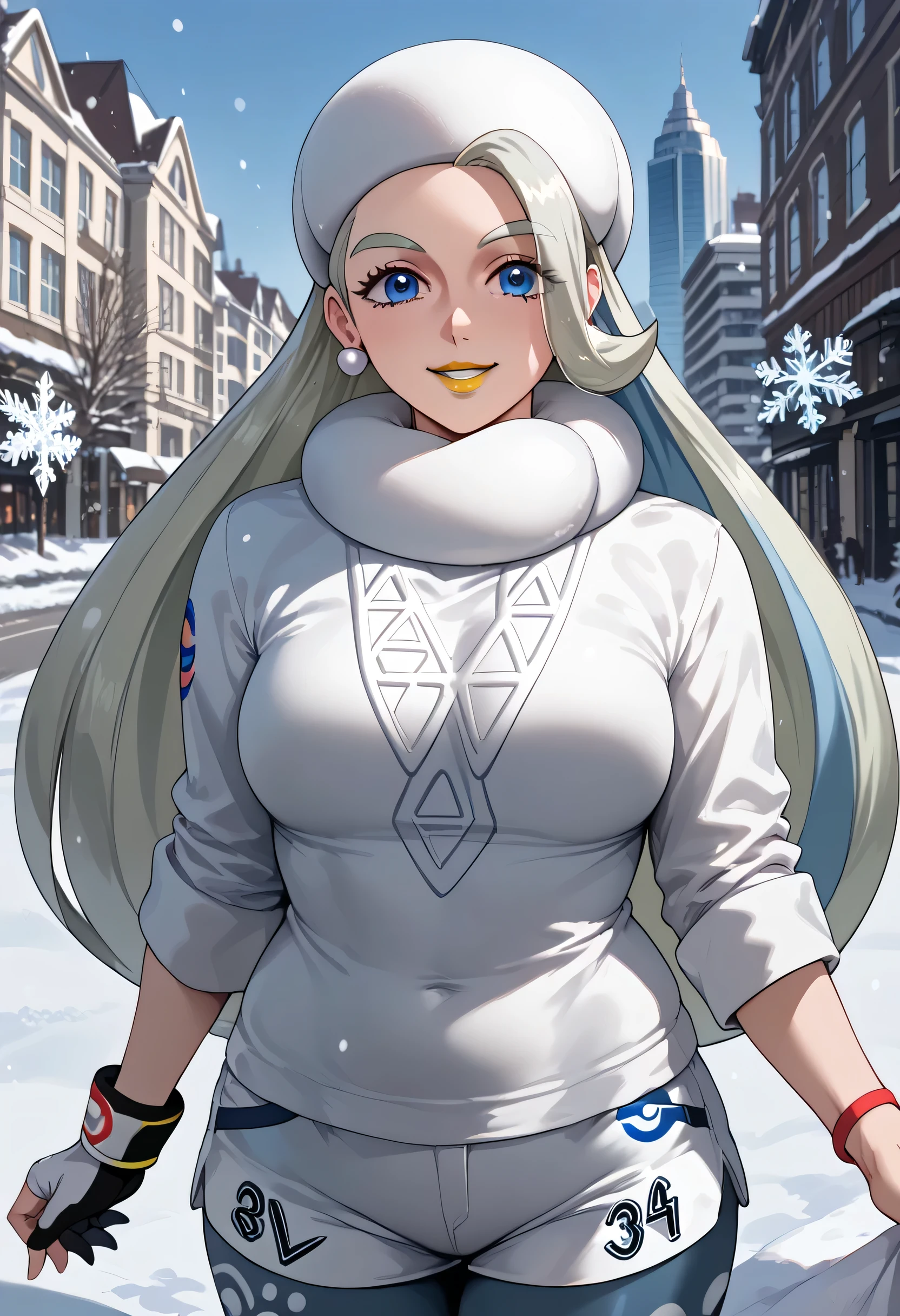 pokemonmelony, pokemonmelony, blue eyes, eyelashes, long hair, multicolored hair, highlighted hair, gray hair, (big boobs:1.2), smile,
BREAK earrings, gloves, hat, jewelry, long sleeves, tights, tights under shorts, scarf, shorts, single glove, snowflakes, sweater, white hat, white scarf, white sweater,
BREAK outdoors, city, snow,
BREAK looking at viewer, (cowboy photo:1.5),
BREAK (beautiful eyes), perfect lighting, yellow lipstick