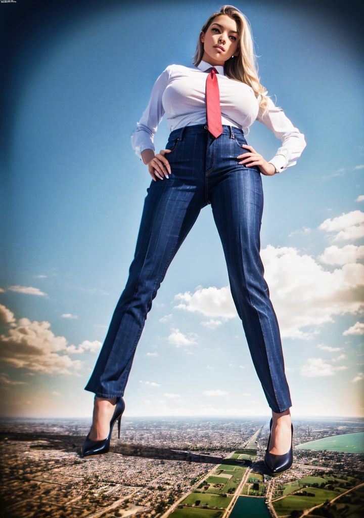  Towering giant blondes girl，(500,000 feet high、Looking up at the approaching woman from below), A sophisticated and stylish woman in a light navy perfectly smooth italian pinstriped trousers suit, form fitting crisp white shirt tucked neatly in trousers, and a blue paisley 10cm wide necktie in a windsor knot, tie length down to top of trousers, with a beautiful, curvaceous figure, massive breasts, and long blonde hair, with a curvaceous figure and massive breasts. wearing red rounded court shoes high heels with uncovered feet and standing, rampage-like pose, with a cityscape background of mega-city, urban sprawl, and small towns, partially obscured by a hazy, cloudy atmosphere. The image is a high-resolution, masterpiece-quality, cinematic, ultra-detailed, and hyper-photorealistic photograph, with perfect hands, face, and lighting. ultra-detailed, 8K, photo-realistic, hyper-realistic, masterpiece, intricate details, full body view. Looking at camera, The image is a high-resolution, masterpiece-quality, cinematic, ultra-detailed, and hyper-photorealistic photograph, with perfect hands, face, and lighting. ultra-detailed, 8K, photo-realistic, hyper-realistic, masterpiece, intricate details, full body view from below