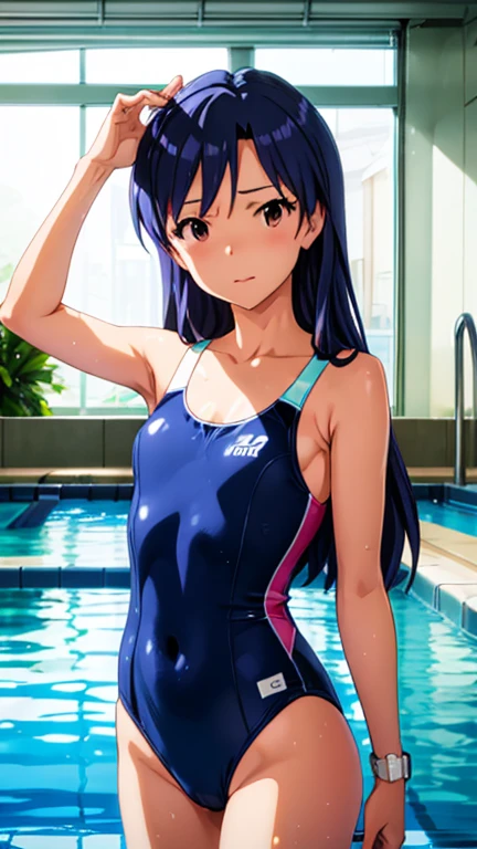  top quality、 high definition 、  high definition 、 high definition 、Indoor swimming pool、 pool side、(Kisaragi Chihaya、 long hair、,  flat chested、 glossy lips 、 glowing skin that will turn your eyes off、 Realistic Skin Textures 、Shiny swimwear)、 is staring at me、Love me、、 open your mouth and laugh)、、 navy blue school swimsuit、( One Piece Swimsuit )、((  Old Style School Swimsuit))、((do))、Showing off her school swimsuit、(学校の pool sideの背景)、