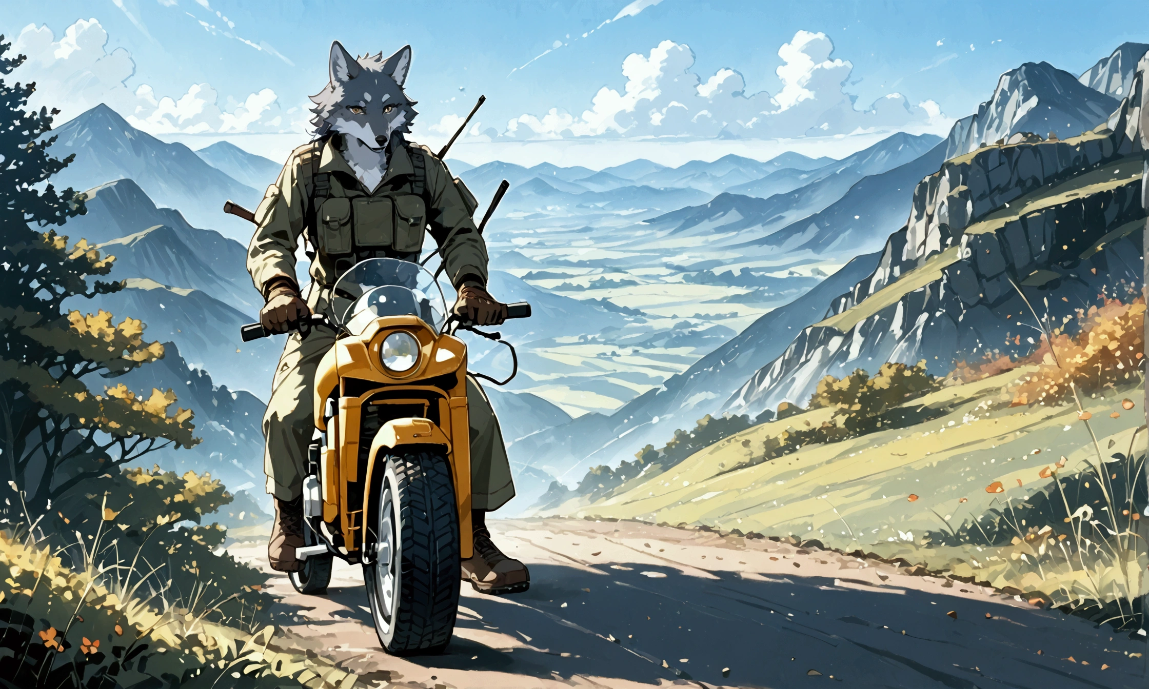 (couple of wolves),1boy\((wolf:1.4),(kemono),(furry),(old:1.3),(driving army combat bike)\),1girl\((wolf:1.4),(kemono),(furry),breast,shooting a gun at sidecar\),.dynamic angle,dynamic blur,great action,full body. score_9, score_8_up, score_7_up, score_6_up, score_5_up, score_4_up, source_anime,source_furry,rating_safe,rating_questionable,masterpiece, best quality, perfect anatomy , very aesthetic , absurdres,landscape