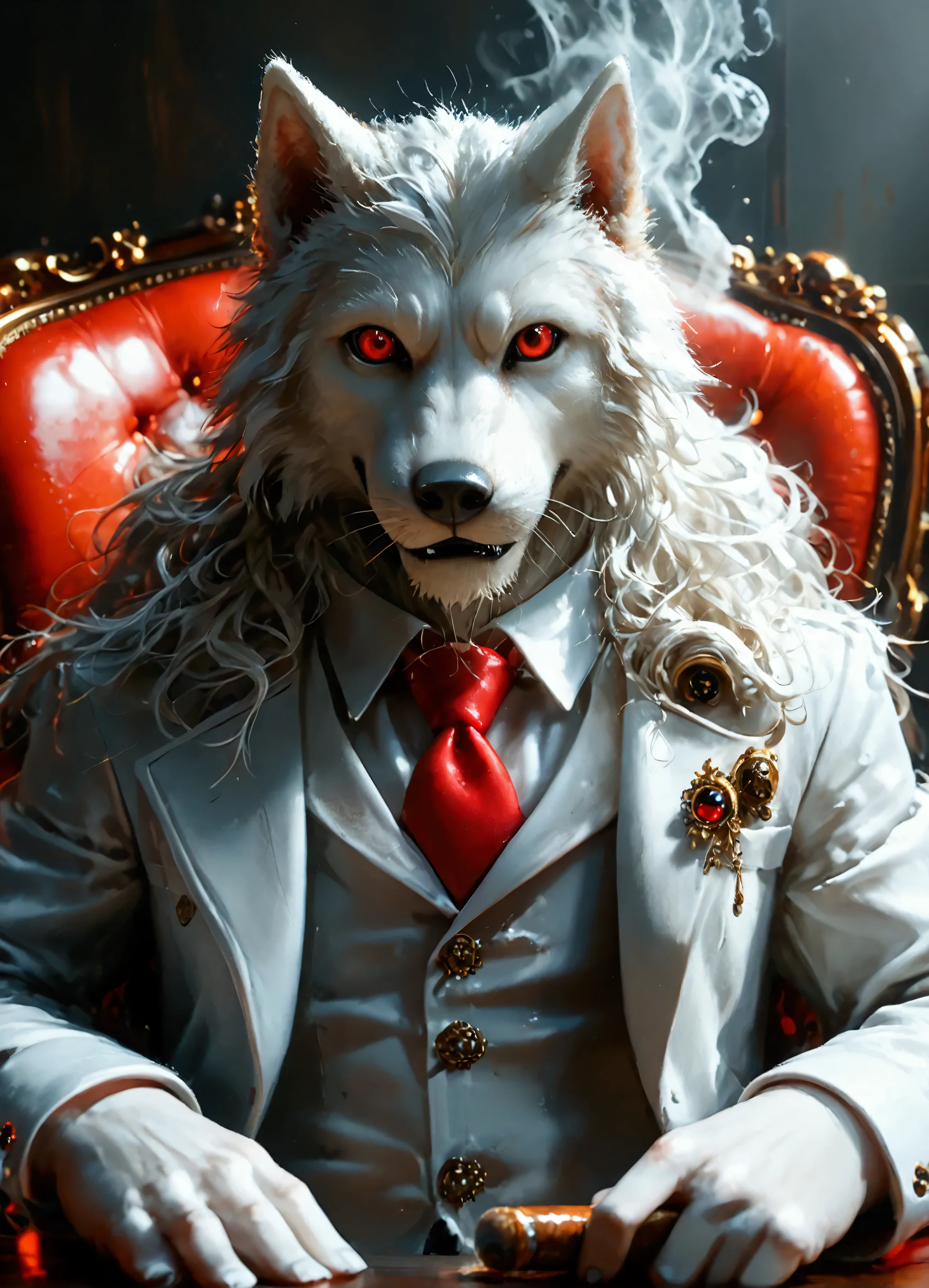 (8k, top quality, Masterpiece , Final Fantasy Style: 1.2), , Atmospheric perspective, 8K, Very detailed, Accurate, Highest quality, masterpiece, Very detailed, Sharp focus, High resolution,very spooky, (upper body close up:1.2), Werewolf, red eyes, funny and happy promoter, wears a tight white business suit, red tie, in the luxury office, holding a cigar in hand To the camera, Very detailed, Digital Painting, Art Station, Concept Art, Smooth, Sharp focus, figure, ArtJam, Greg Rutkowski, Art by Alphonse Mucha, 8K, Volumetric Fog, bloom, light, lumen, Crank blur