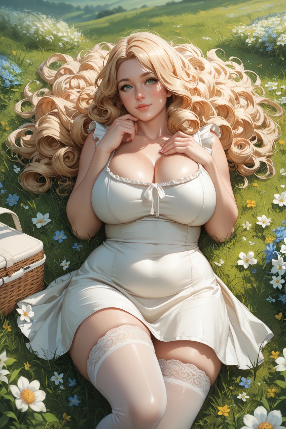 Jo Ye-Rin. clumsy, Milf. freckles, very long curly blonde hair,  Nice plump body. wide hips, curvy lovehandles, big ass, big breasts, sundress, stockings ,cleavage, lying down on stomach, field of flowers, picnic