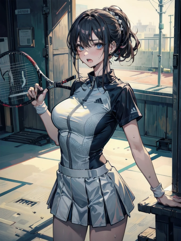 absurdres, RAW photo, extremely delicate and beautiful, masterpiece, Best Quality, ultra high resolution, 32k, hyperrealistic, ultra-detailed, in her 20s, delicate facial features, tearful mole, earring, medium breasts, full body shot, shorter middle hair, black hair, tennis uniform,