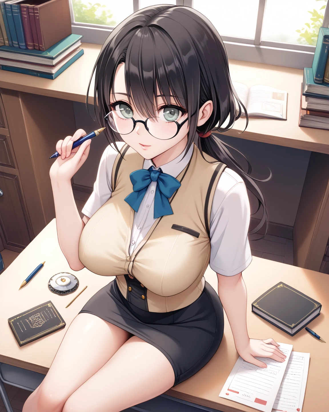  Masterpiece, 1 Guild Receptionist ,　pen:1.5 ,((Guild Receptionist Uniform:1.4)), Corset Vest ,, rimless glasses ,Height: 165cm, beautiful body line ,Big Breasts,((Woman with dark hair and low ponytail on her shoulders :1.4)), gray eyes,A woman with a beautiful and kind face,Sit down, face your desk, work on documents,View from above at an angle,