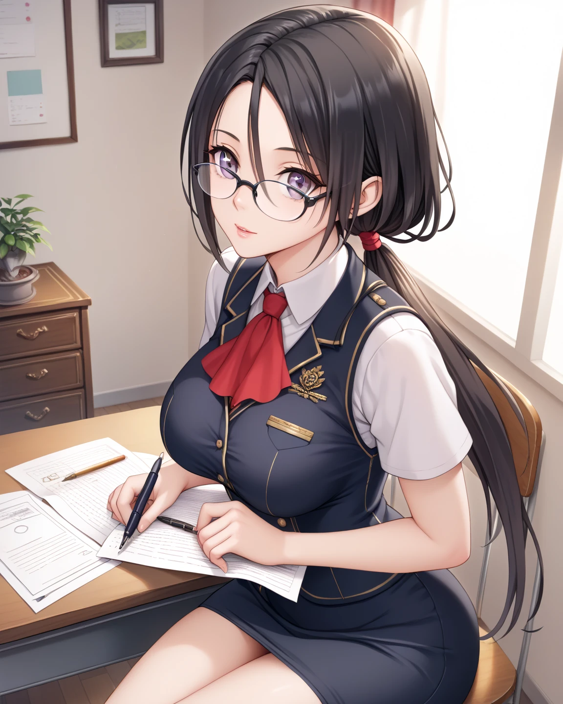  Masterpiece, 1 Guild Receptionist ,　pen:1.5 ,((Guild Receptionist Uniform:1.4)), Corset Vest ,, rimless glasses ,Height: 165cm, beautiful body line ,Big Breasts,((Woman with dark hair and low ponytail on her shoulders :1.4)), gray eyes,A woman with a beautiful and kind face,Sit down, face your desk, work on documents,View from above at an angle,