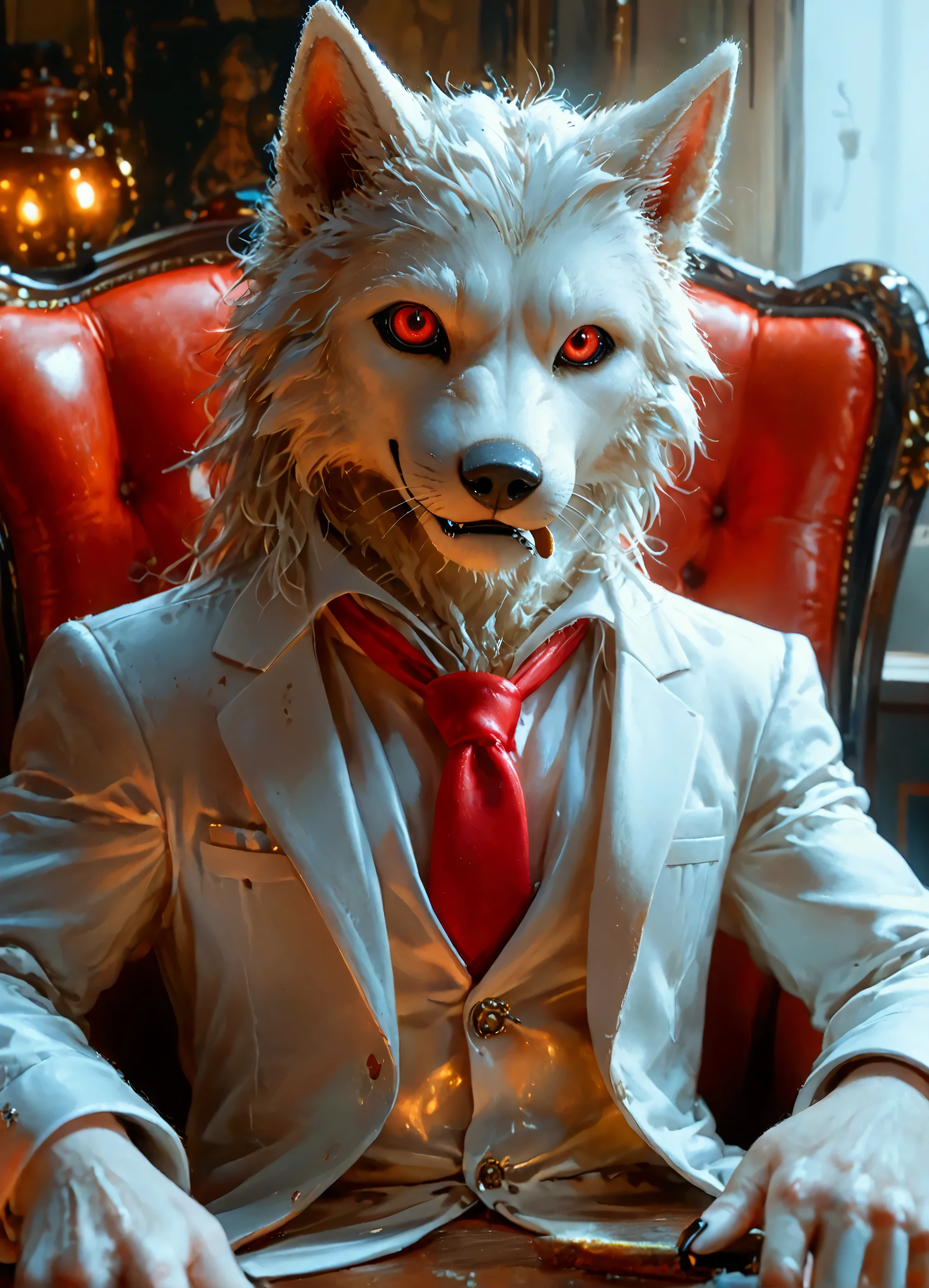 (8k, top quality, Masterpiece , Final Fantasy Style: 1.2), , Atmospheric perspective, 8K, Very detailed, Accurate, Highest quality, masterpiece, Very detailed, Sharp focus, High resolution,very spooky, (upper body close up:1.2), Werewolf, red eyes, funny and happy promoter, wears a tight white business suit, red tie, in the luxury office, holding a cigar in hand To the camera, Very detailed, Digital Painting, Art Station, Concept Art, Smooth, Sharp focus, figure, ArtJam, Greg Rutkowski, Art by Alphonse Mucha, 8K, Volumetric Fog, bloom, light, lumen, Crank blur