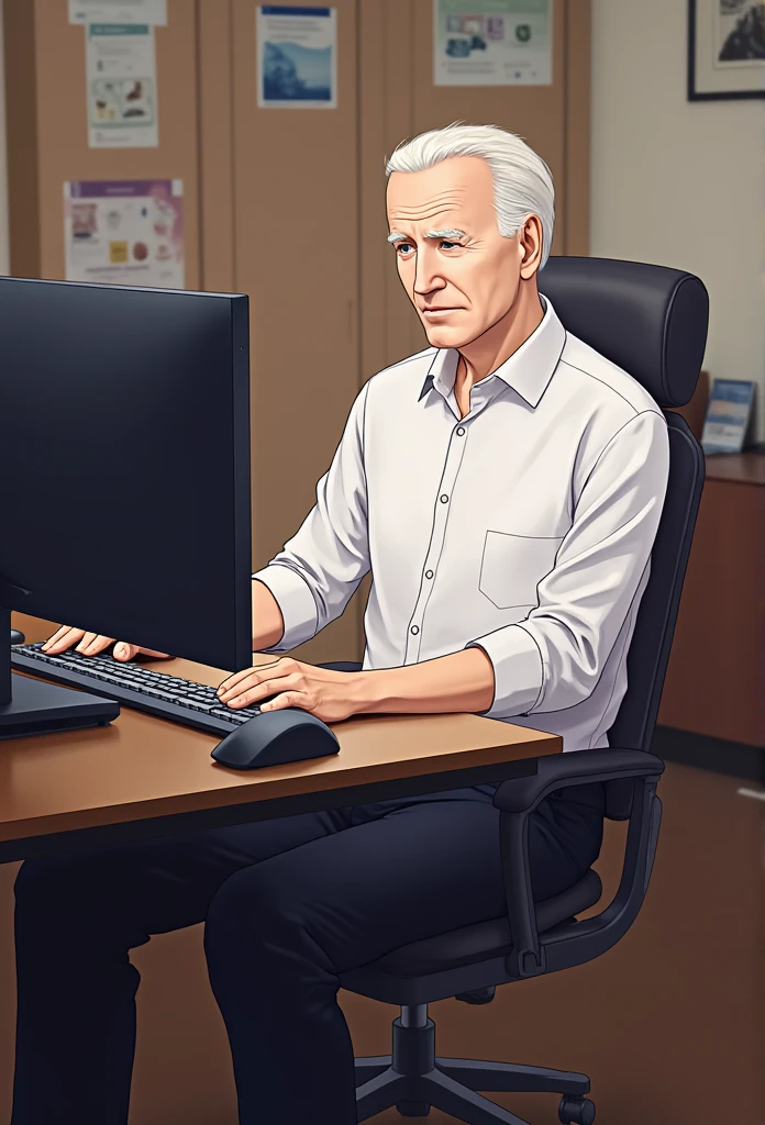 Boy sitting at desk , かわいい男の子,  holding computer and keyboard, ((Makoto Shinkai)), studio brisk Makoto Shinkai, Gouvez style artwork , Makoto Shinkai. Planned, Makoto Shinkai art style, Makoto Shinkai style, Makoto Shinkai!,A photo of Joe Biden:1.3,Joe Biden:1.3
