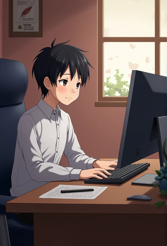 Boy sitting at desk , かわいい男の子,  holding computer and keyboard, ((Makoto Shinkai)), studio brisk Makoto Shinkai, Gouvez style artwork , Makoto Shinkai. Planned, Makoto Shinkai art style, Makoto Shinkai style, Makoto Shinkai!,A photo of Joe Biden:1.3,Joe Biden:1.3
