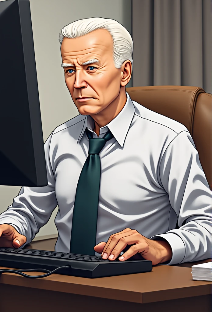 Boy sitting at desk , かわいい男の子,  holding computer and keyboard, ((Makoto Shinkai)), studio brisk Makoto Shinkai, Makoto Shinkai. Planned, Makoto Shinkai art style, Makoto Shinkai style, Makoto Shinkai!,A photo of Joe Biden:1.3,Joe Biden:1.3
