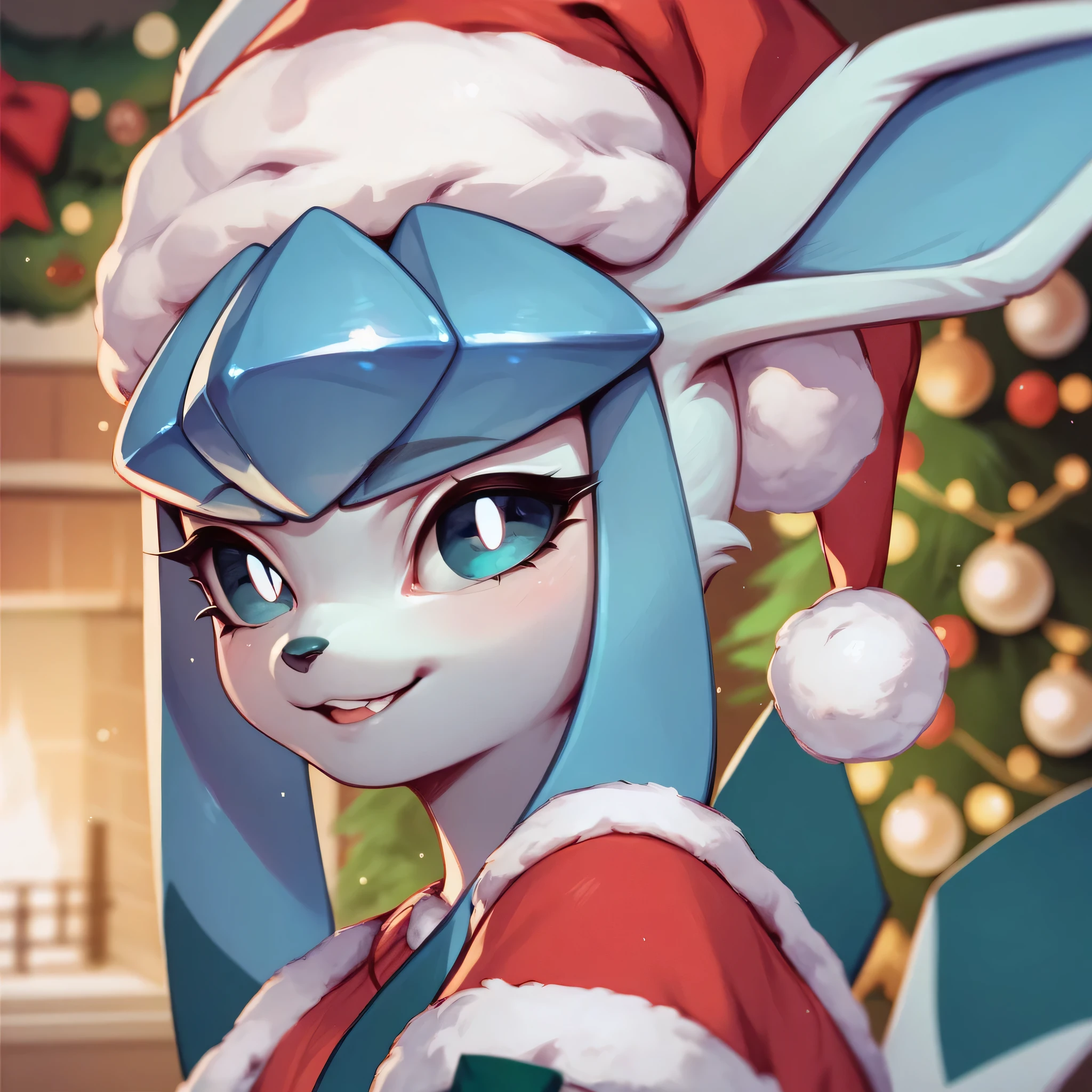 Furry girl, young, dog, cute hair, long hair, blonde hair, red eyes, small breasts, detailed body fur, ((Christmas dress, santa claus cap, red Christmas outfit)), Christmas tree, presents, inside house, masterpiece, looking at you, two tone body fur, turquoise body fur, clear turquoise body fur, clear turquoise hands, detailed face, big eyebrows, detailed eyes, detailed body, detailed hands, glistering body, shiny body, gorgeous body, skinny, open mouth, floppy dog ears,