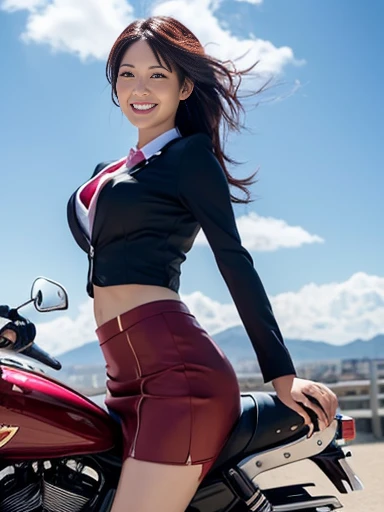 female rider, Harley-Davidson, wine-red business suit, skirt, hair blowing in the wind, mid-distance perspective, from a diagonal front view, dynamic background, highway, blue sky and white clouds, free and cool atmosphere, high-quality digital art style, rich details, dynamic lighting, ((masterpiece)), ((best quality)), (ultra-detailed), ((beautiful eyes)), Japanese female, (slender), ((30 years old)), beautiful, (cheerful grin:1.3),