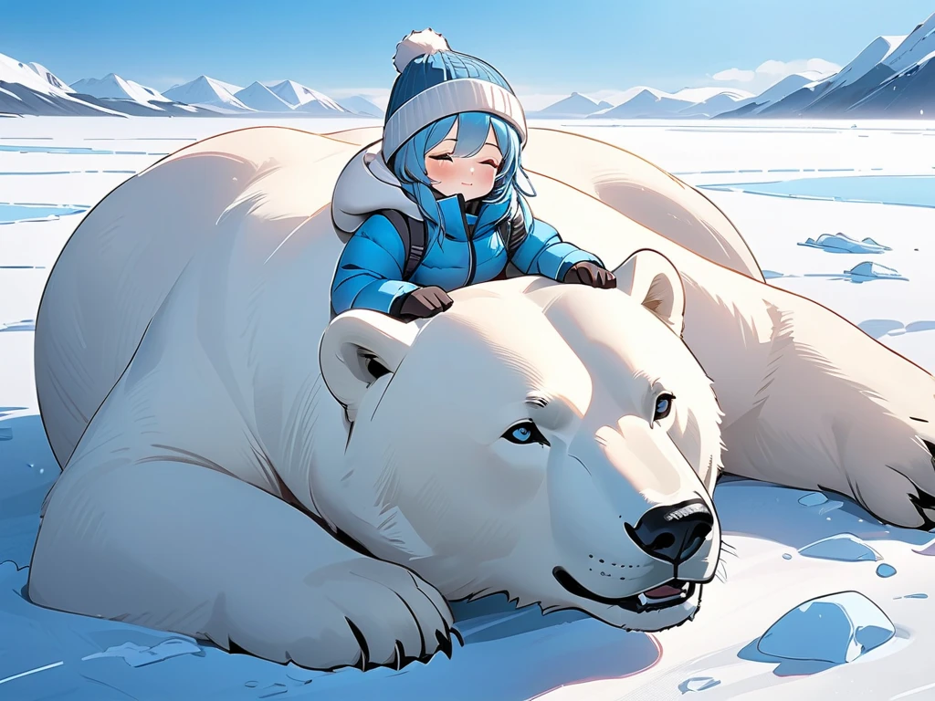  top quality, masterpiece,  Kyrie light mash,( A large polar bear is walking on the ice field with the girl on her back ),(  The girl sleeps with her upper body tilted down while straddling the polar bear's back), The girl wears cold weather clothes such as a down jacket 、 yarn hat　gloves、 , (Chibi: 0.6), Bright blue hair,  cute, 