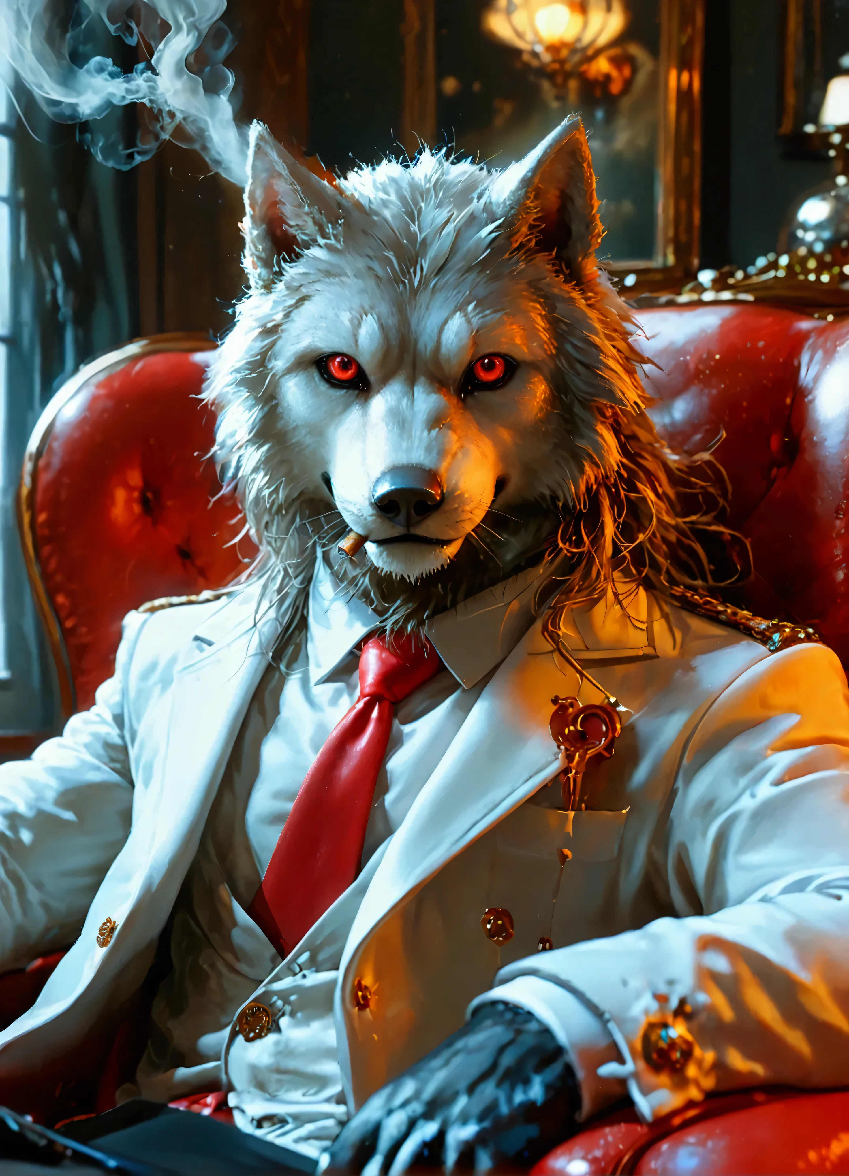 (8k, top quality, Masterpiece , Final Fantasy Style: 1.2), , Atmospheric perspective, 8K, Very detailed, Accurate, Highest quality, masterpiece, Very detailed, Sharp focus, High resolution,very spooky, (upper body close up:1.2), Werewolf, red eyes, funny and happy promoter, wears a tight white business suit, red tie, in the luxury office, holding a cigar in hand To the camera, Very detailed, Digital Painting, Art Station, Concept Art, Smooth, Sharp focus, figure, ArtJam, Greg Rutkowski, Art by Alphonse Mucha, 8K, Volumetric Fog, bloom, light, lumen, Crank blur