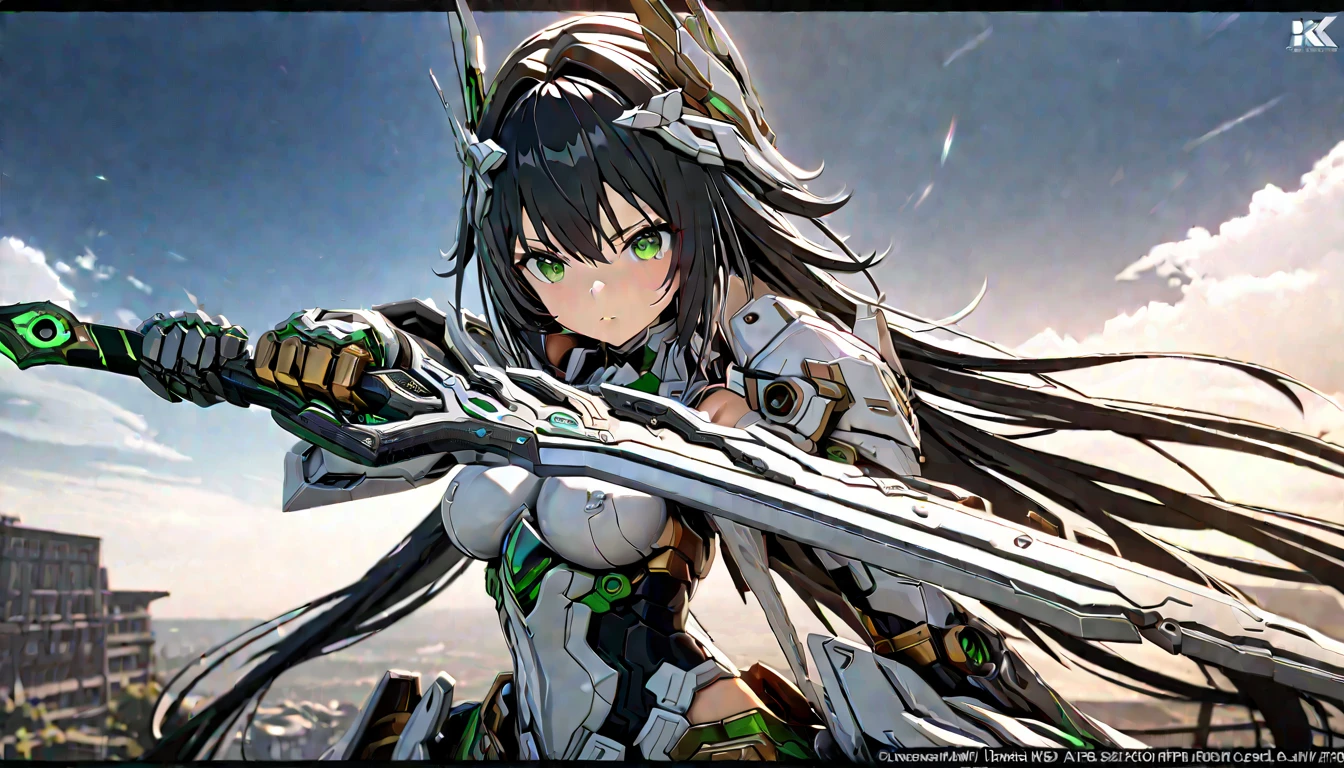 girl masterpiece, best quality, high resolution, best detailed, HDR, 4k, 8k, black hair, very long hair, detailed face, beautiful shape, green eyes, white full armor, mechanical gloves, mechanical long boots, mechanical wings, holding katana sword,