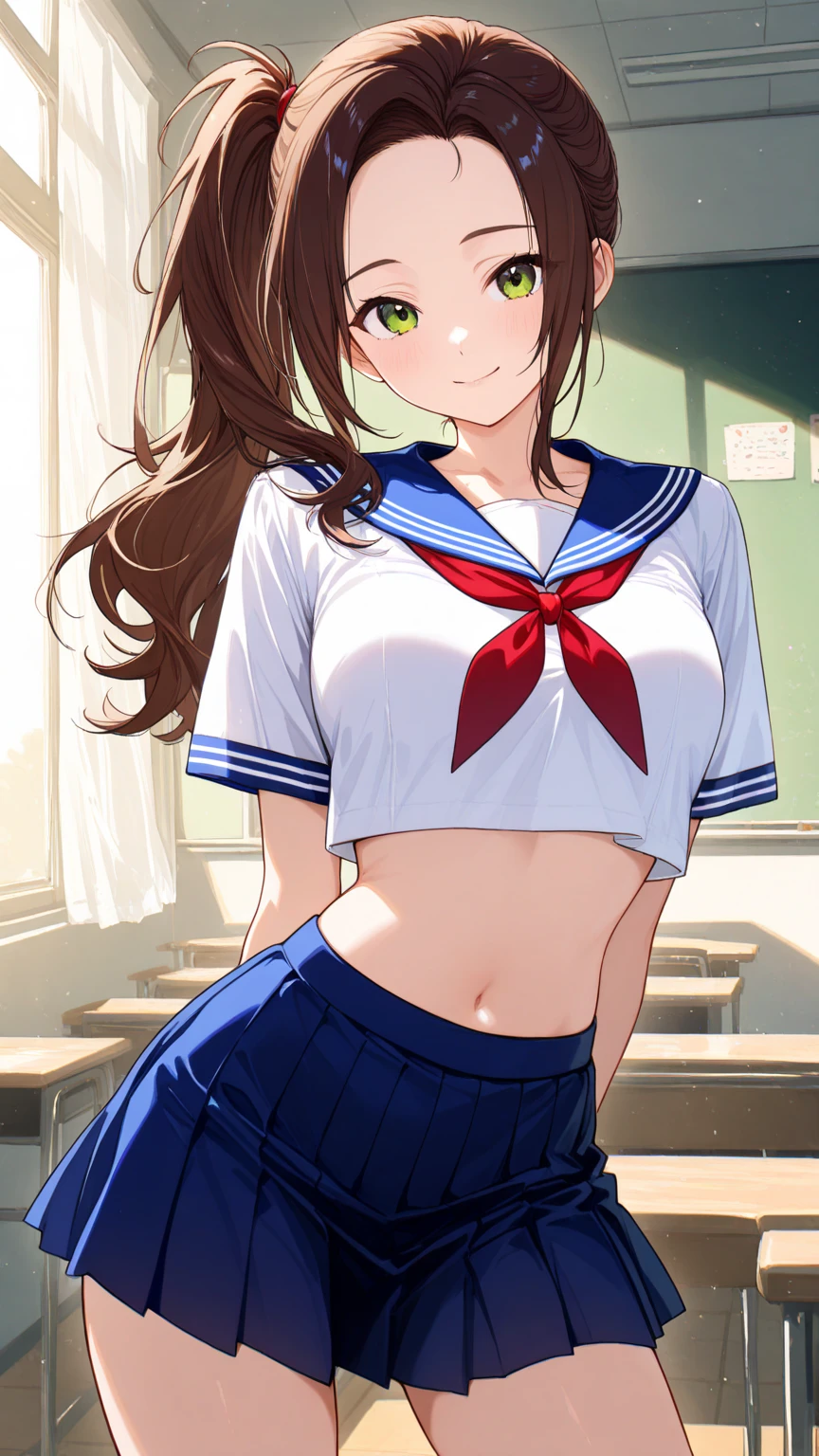 masterpiece, 1lady, JK,  green eyes, slightly smile, semi-long hair, dark brown silky hair, forehead, sliced back hair, side ponytail, contrapposto, hands behind back, navel, Captivating thighs, knee, classroom, (sheer crop top white shirt), sailor suit, pleated skirt, red ribbon tie