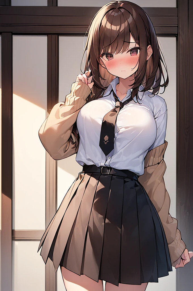 (extremely details CG, Unity, 8K Wallpaper extremely delicate and beautiful), (​masterpiece), (top-quality:1.0), (超A high resolution:1.0), ((perfect proportion shot:1.0)), beautiful vibrant lighting, realistic shadow, [high resolution], pretty face, slanted brown eyes, soft angled brow, , arrogant expression, ((brown hair)), ((medium hair)), ((fringe)), (((medium breasts size))), plumpy body shape, high school, classroom, dynamic angle, ((white long sleeve shirt)), ((red ribbon tie)), ((pleated grey square motif skirt)), ((waist up shot))