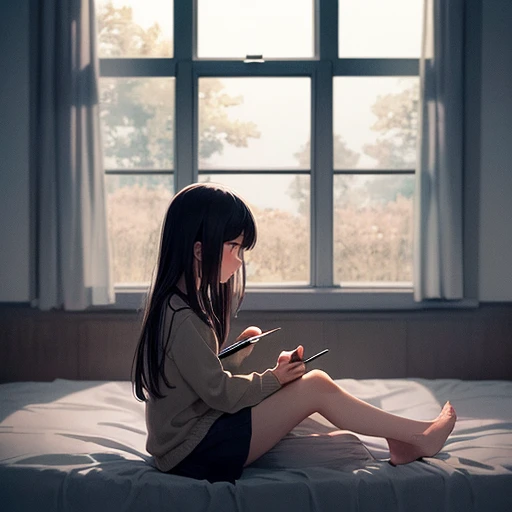 masterpiece, top quality,   one girl , In a dimly lit room,  the teenage girl is sitting on the edge of the bed ,  holding her knee and looking down . In the center of the room,  dark smoke swirling around her ,  it symbolizes her anxiety and regret .  background is blurry,  The shadows like waves are an overwhelming thought represents .  from the window in the corner of the room ,  the soft morning light is beginning to shine in , Xu々The room brightens up .  the girl is holding a pen ,  trying to write a diary placed on her lap .

 The overall image conveys a transition from darkness to hope ,  uses soft pastel tones to evoke a sense of emotional growth and optimism. The girl&#39;s expression、 Sadness mixed with quiet determination 、 about to take the first step towards healing .