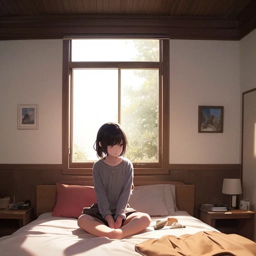 masterpiece, top quality,   one girl , In a dimly lit room,  the teenage girl is sitting on the edge of the bed ,  holding her knee and looking down . In the center of the room,  dark smoke swirling around her ,  it symbolizes her anxiety and regret .  background is blurry,  The shadows like waves are an overwhelming thought represents .  from the window in the corner of the room ,  the soft morning light is beginning to shine in , Xu々The room brightens up .  the girl is holding a pen ,  trying to write a diary placed on her lap .

 The overall image conveys a transition from darkness to hope ,  uses soft pastel tones to evoke a sense of emotional growth and optimism. The girl&#39;s expression、 Sadness mixed with quiet determination 、 about to take the first step towards healing .