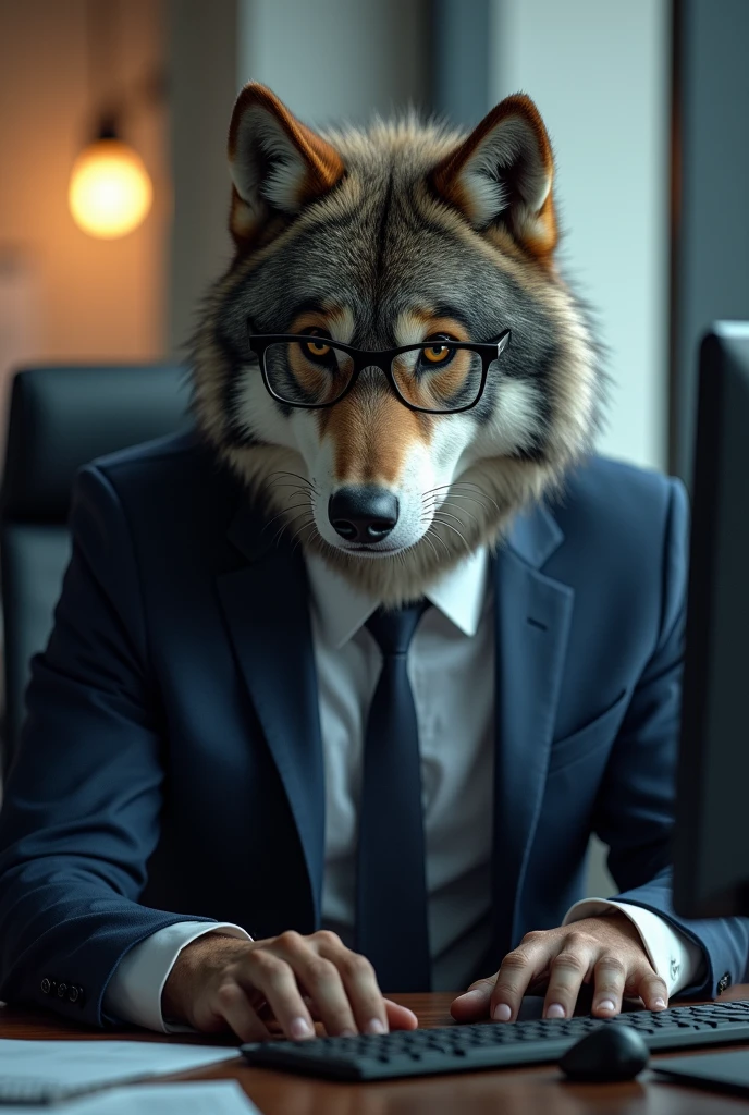 ( top quality, very detailed depiction, incredible high resolution ,), werewolf in suit ,The werewolf is at work , werewolf is operating a computer,Glasses, business suit, shirt,pants, ties,Inside the office,