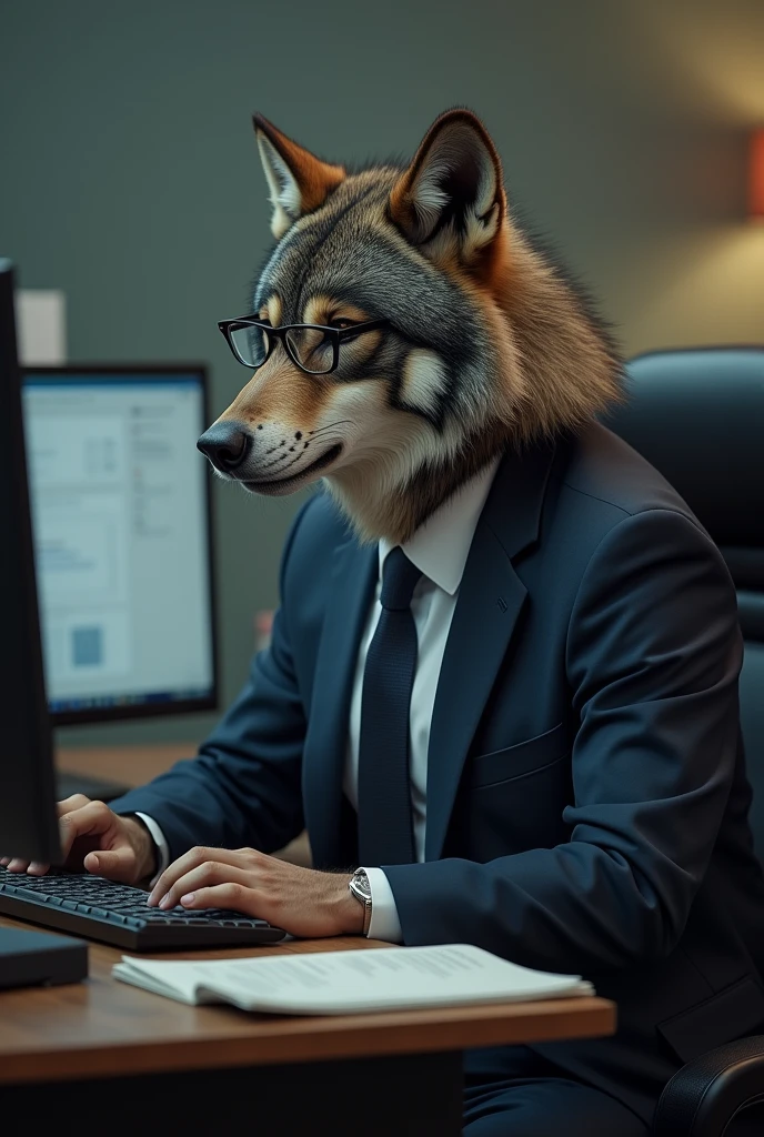 ( top quality, very detailed depiction, incredible high resolution ,), werewolf in suit ,The werewolf is at work , werewolf is operating a computer,Glasses, business suit, shirt,pants, ties,Inside the office,