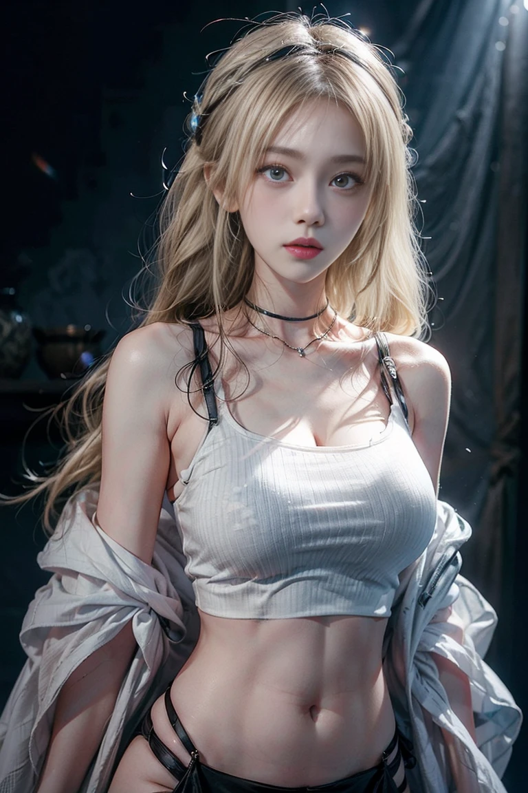  Japanese、Model、Big Breasts、Blonde、 long hair、 fishnet white t-shirt、ribbon、 shows shoulders、 cleavage visible、 belly button visible 、 spotlights、 dark background 