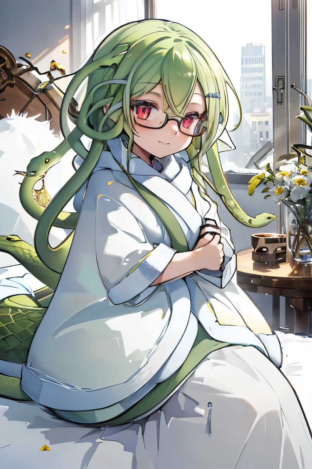 Female lamia (long light-green snake hair, scaled tail), red eyes (blossful), glasses, layers of thick blankets (cozy, well covered), sitting on a couch, content smile, dark cozy apartment, snow outside window