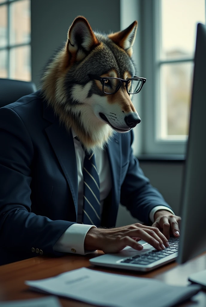 ( top quality, very detailed depiction, incredible high resolution ,), werewolf in suit ,The werewolf is at work , werewolf is operating a computer,Glasses, business suit, shirt,pants, ties,Inside the office,