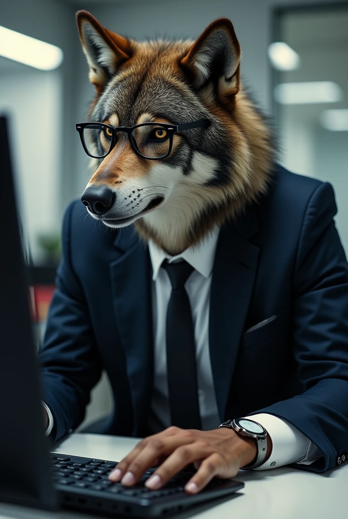 ( top quality, very detailed depiction, incredible high resolution ,), werewolf in suit ,The werewolf is at work , werewolf is operating a computer,Glasses, business suit, shirt,pants, ties,Inside the office,