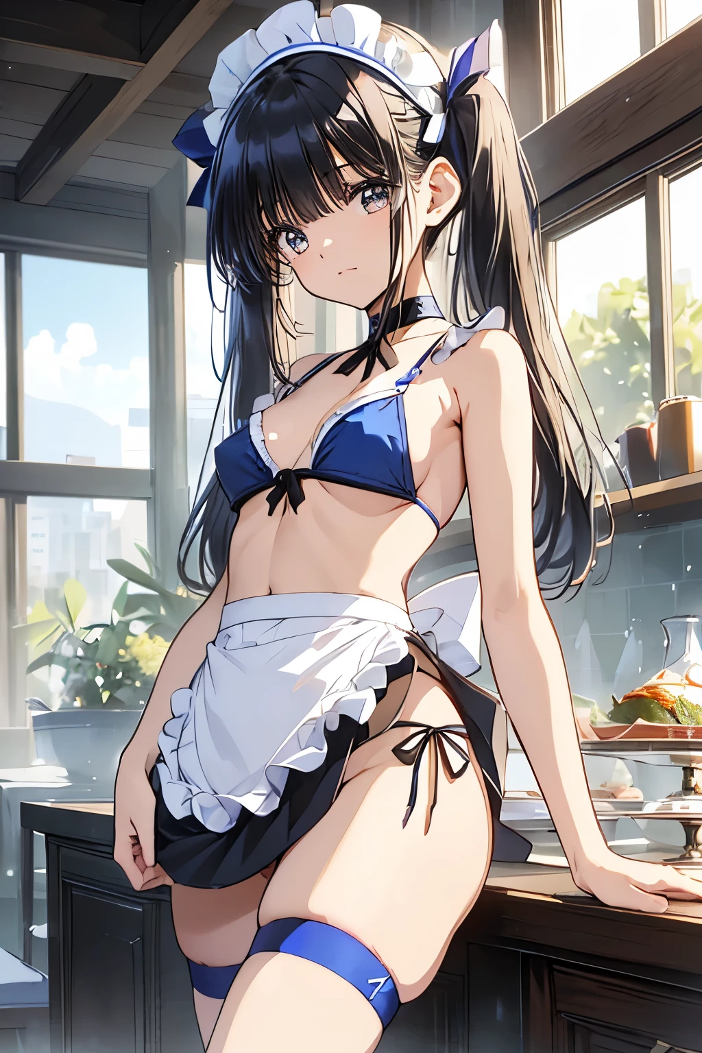 rice shower (umamusume), 1girl, solo, long hair, breasts, looking at viewer, blush, brown hair, thighhighs, hat, bow, navel, holding, animal ears, bare shoulders, purple eyes, tail, flower, small breasts, black thighhighs, indoors, bowtie, hair over one eye, leotard, cup, wrist cuffs, detached collar, rose, playboy bunny, horse ears, horse girl, horse tail, blue headwear, tray, blue flower, hat flower, blue leotard, holding tray, nontraditional playboy bunny