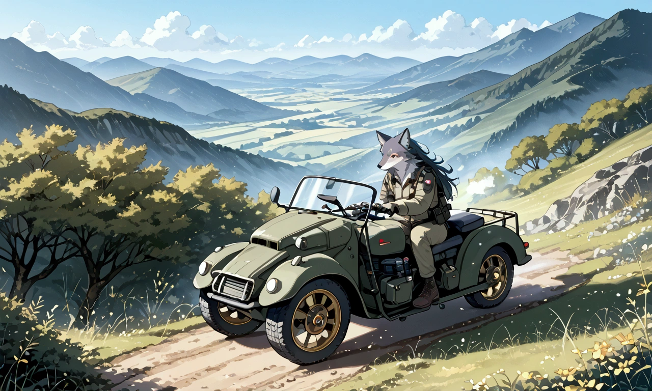 (couple of wolves),1boy\((wolf:1.4),(kemono),(furry),(old:1.3),(driving army combat bike)\),1girl\((wolf:1.4),(kemono),(furry),breast,shooting a gun at sidecar\),.dynamic angle,dynamic blur,great action,full body. score_9, score_8_up, score_7_up, score_6_up, score_5_up, score_4_up, source_anime,source_furry,rating_safe,rating_questionable,masterpiece, best quality, perfect anatomy , very aesthetic , absurdres,landscape