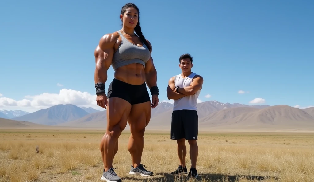 A HD 4K Photo of a huge, enormous, very big, buff, giant, Asian, female bodybuilder, muscle goddess, with long black hair, huge arms and huge legs, naked big boobs, flexing her enormous, giant muscles, big beautiful eyes, walking barefoot down a destroyed, cracked highway full of destroyed burning cars, wearing ripped jean shorts, photorealistic