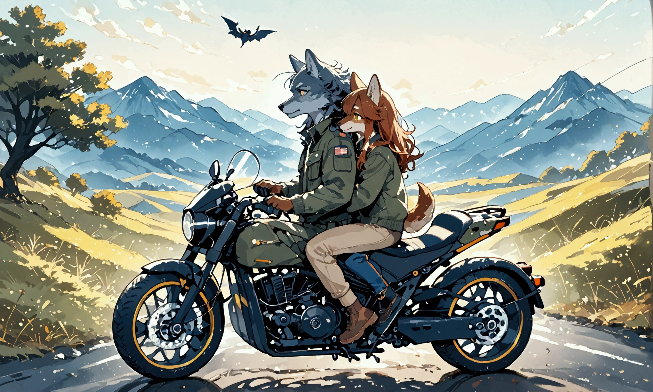 (couple of wolves),1boy\((wolf:1.4),(kemono),(furry),(old:1.3),(driving army combat bike)\),1girl\((wolf:1.4),(kemono),(furry),breast,shooting a gun at sidecar\),.dynamic angle,dynamic blur,great action,full body. score_9, score_8_up, score_7_up, score_6_up, score_5_up, score_4_up, source_anime,source_furry,rating_safe,rating_questionable,masterpiece, best quality, perfect anatomy , very aesthetic , absurdres,landscape