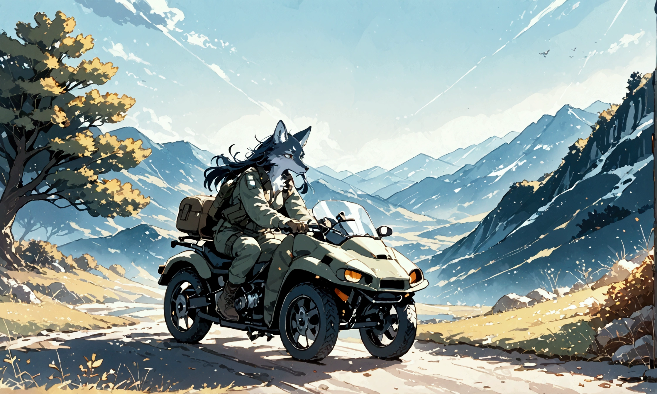 (couple of wolves),1boy\((wolf:1.4),(kemono),(furry),(old:1.3),(driving army combat bike)\),1girl\((wolf:1.4),(kemono),(furry),breast,shooting a gun at sidecar\),.dynamic angle,dynamic blur,great action,full body. score_9, score_8_up, score_7_up, score_6_up, score_5_up, score_4_up, source_anime,source_furry,rating_safe,rating_questionable,masterpiece, best quality, perfect anatomy , very aesthetic , absurdres,landscape